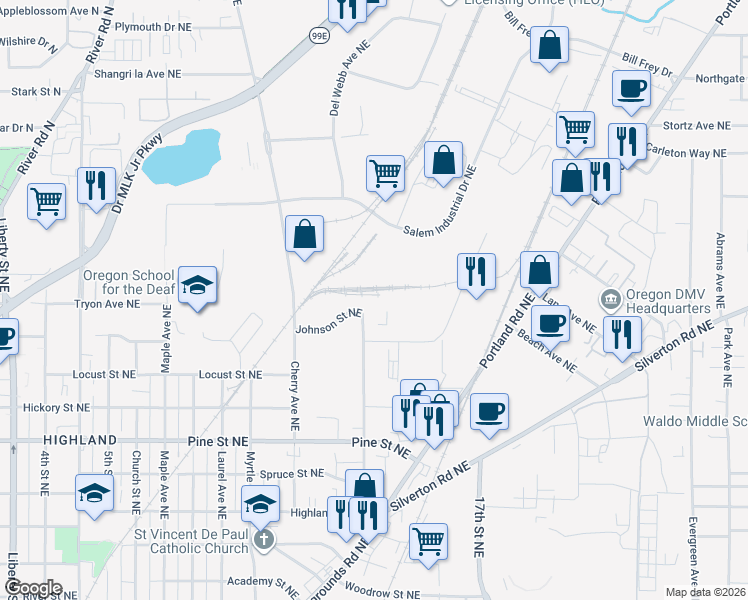 map of restaurants, bars, coffee shops, grocery stores, and more near 1295 Johnson Street Northeast in Salem
