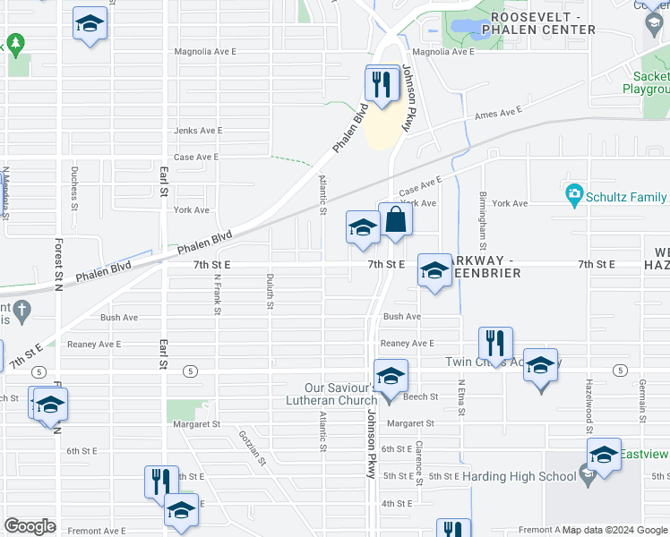 map of restaurants, bars, coffee shops, grocery stores, and more near 1252 7th Street East in Saint Paul