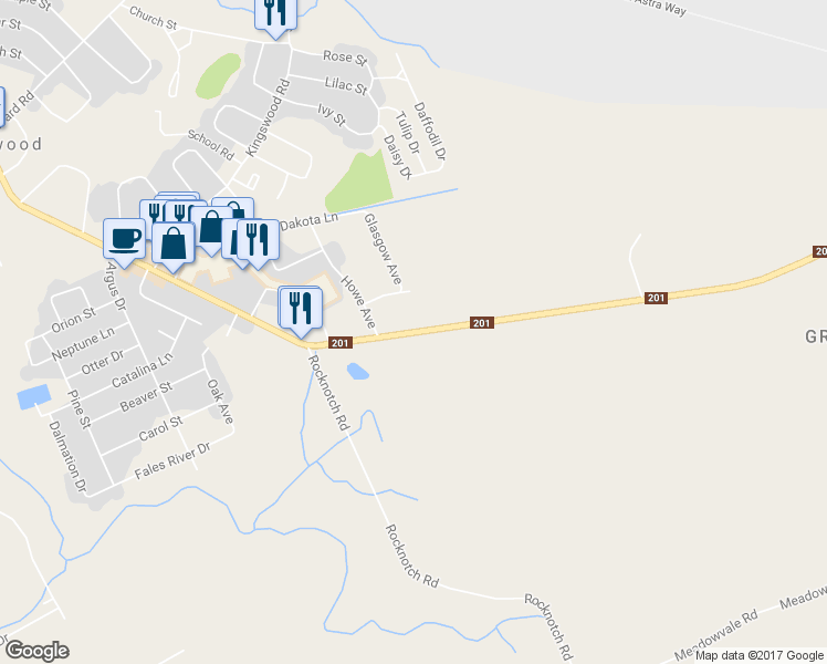 map of restaurants, bars, coffee shops, grocery stores, and more near 1135 Nova Scotia 201 in Kingston