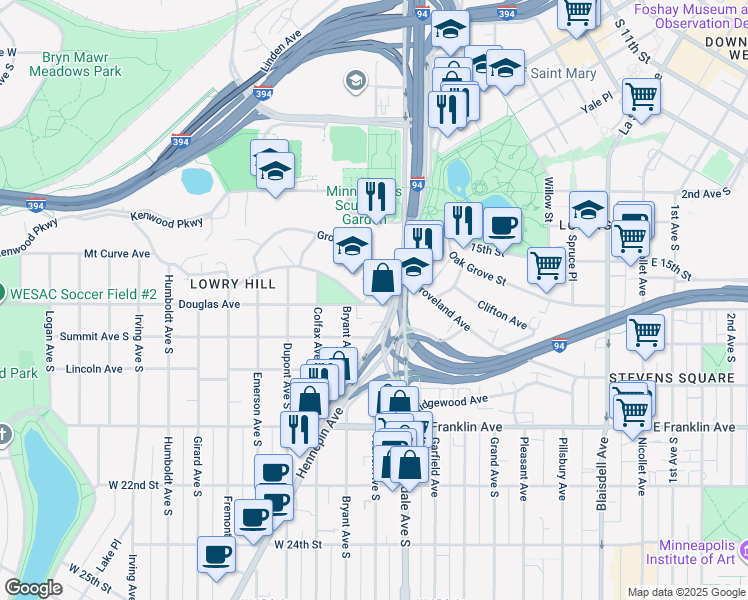 map of restaurants, bars, coffee shops, grocery stores, and more near 700 Douglas Avenue in Minneapolis