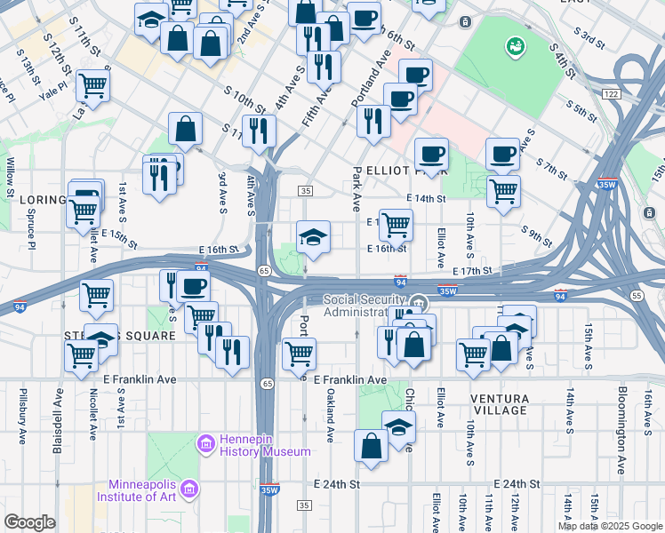 map of restaurants, bars, coffee shops, grocery stores, and more near 618 East 17th Street in Minneapolis