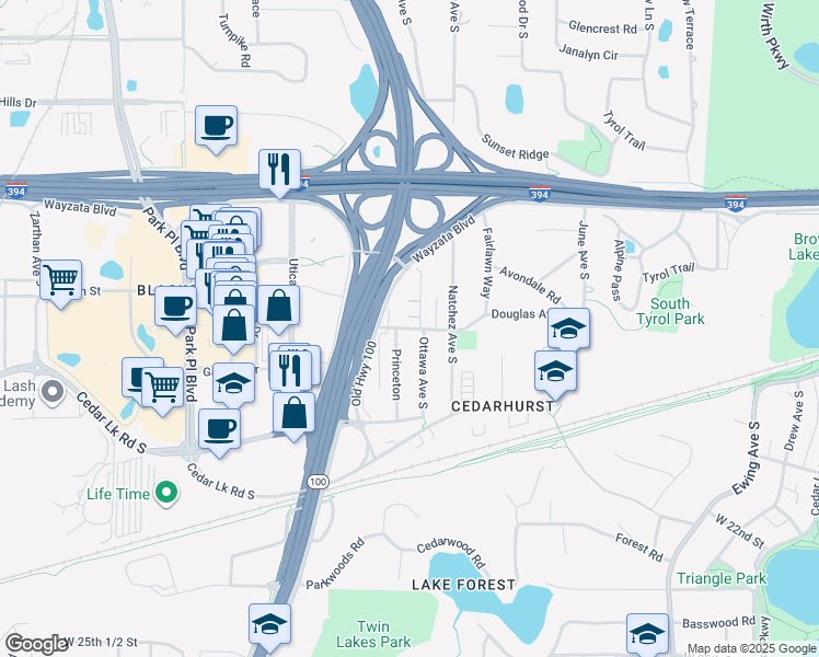 map of restaurants, bars, coffee shops, grocery stores, and more near 5310 West 16th Street in St. Louis Park