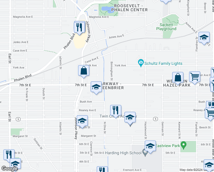 map of restaurants, bars, coffee shops, grocery stores, and more near 1371 7th Street East in Saint Paul