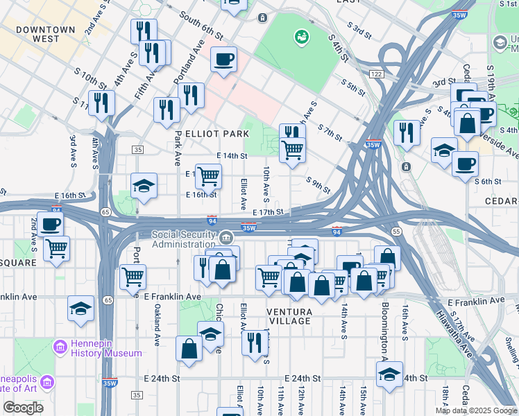map of restaurants, bars, coffee shops, grocery stores, and more near 1607 10th Avenue South in Minneapolis