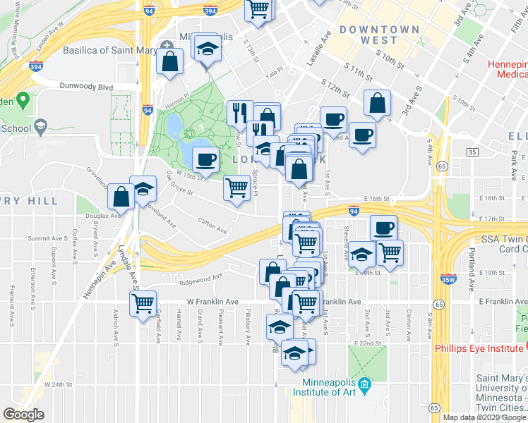map of restaurants, bars, coffee shops, grocery stores, and more near 1519 Spruce Place in Minneapolis