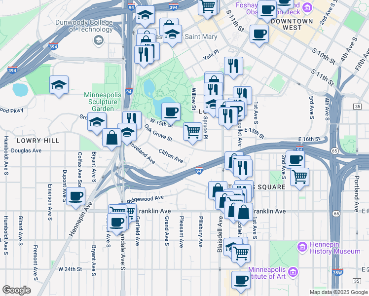 map of restaurants, bars, coffee shops, grocery stores, and more near 230 Oak Grove Street in Minneapolis