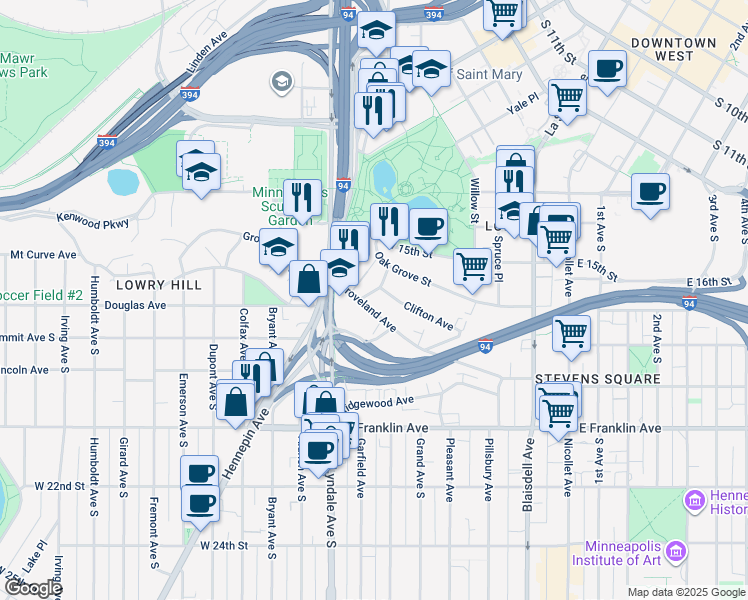 map of restaurants, bars, coffee shops, grocery stores, and more near 1730 Clifton Place in Minneapolis