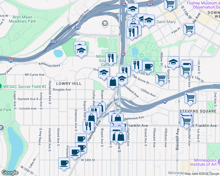 map of restaurants, bars, coffee shops, grocery stores, and more near 1752 Hennepin Avenue in Minneapolis