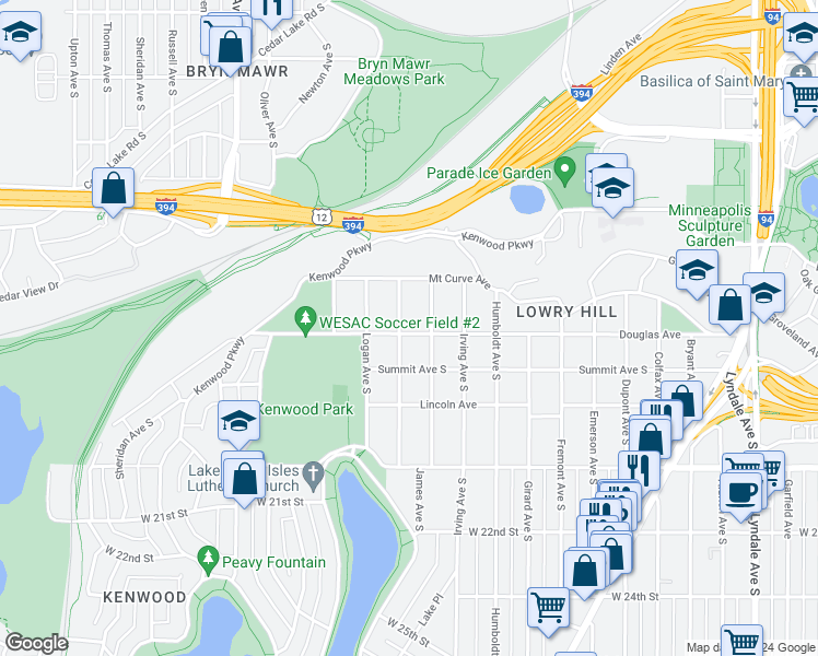map of restaurants, bars, coffee shops, grocery stores, and more near 1725 Knox Avenue South in Minneapolis