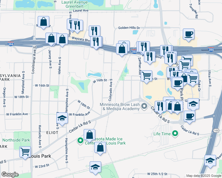 map of restaurants, bars, coffee shops, grocery stores, and more near 1614 Colorado Avenue South in Minneapolis