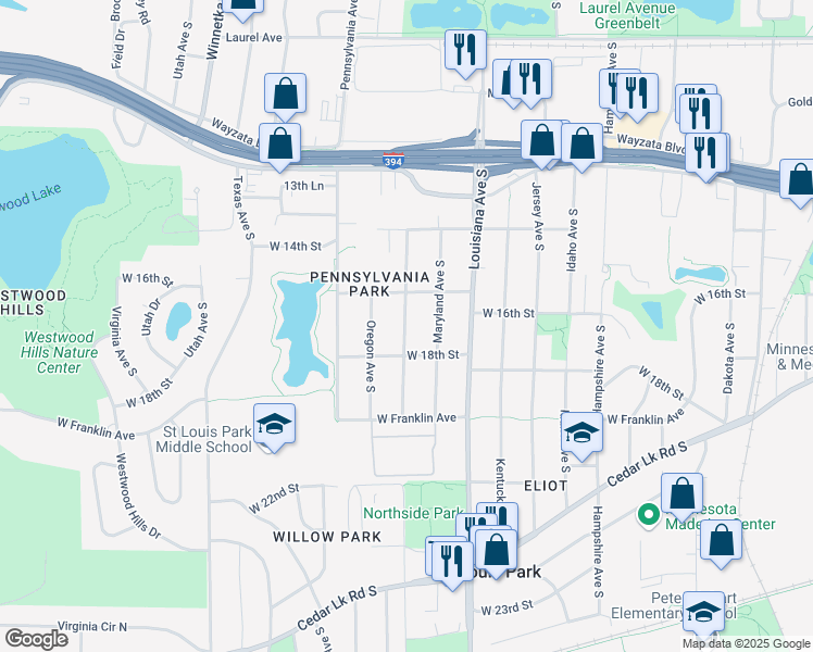 map of restaurants, bars, coffee shops, grocery stores, and more near 1617 Nevada Avenue in Minneapolis