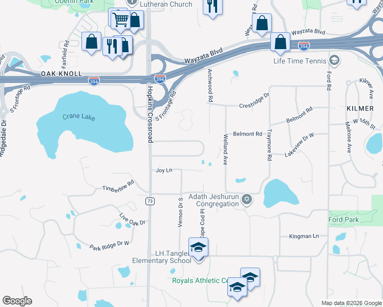 map of restaurants, bars, coffee shops, grocery stores, and more near 10903 Oak Knoll Terrace North in Hopkins