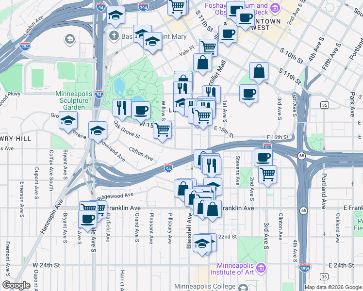map of restaurants, bars, coffee shops, grocery stores, and more near 1519 Spruce Place in Minneapolis