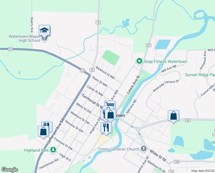 map of restaurants, bars, coffee shops, grocery stores, and more near 301 State Street Northwest in Watertown