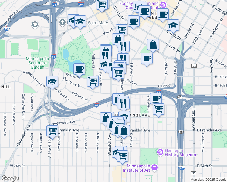 map of restaurants, bars, coffee shops, grocery stores, and more near 26 Oak Grove Street in Minneapolis