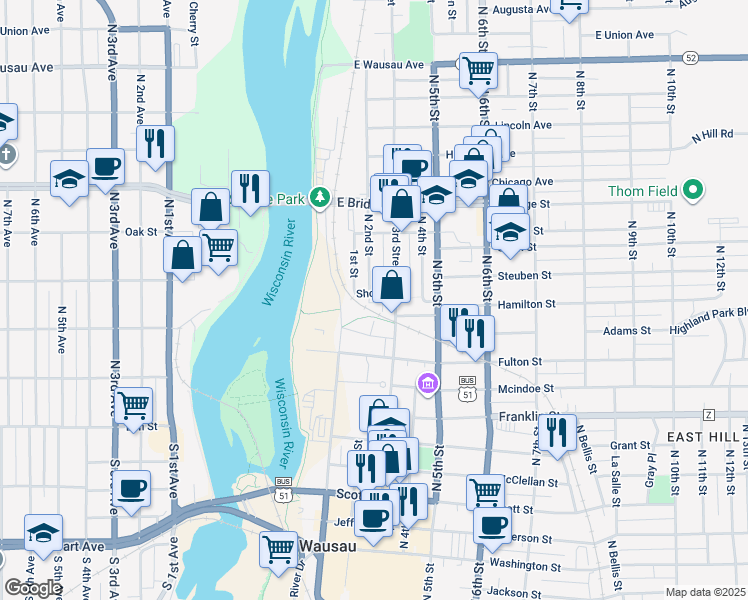 map of restaurants, bars, coffee shops, grocery stores, and more near 1301 North 2nd Street in Wausau