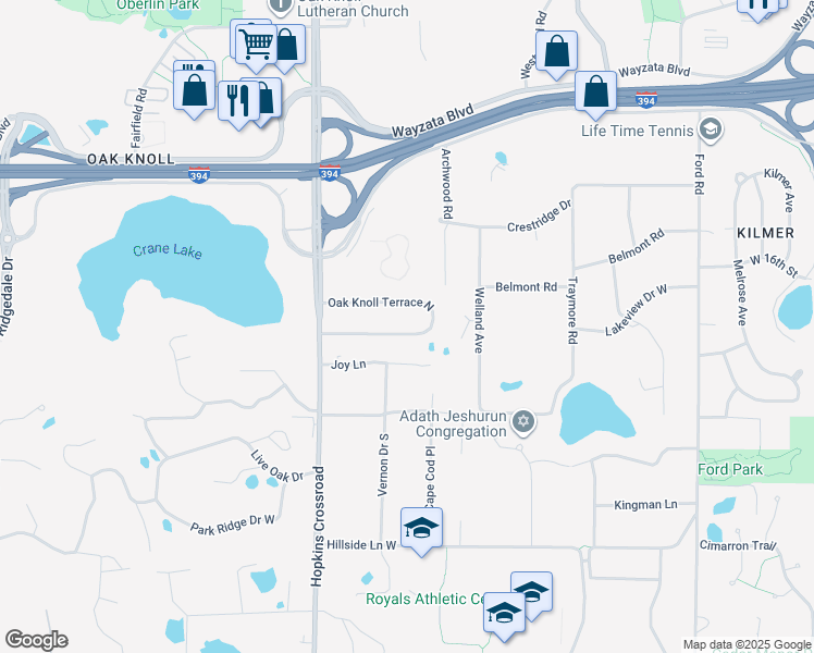 map of restaurants, bars, coffee shops, grocery stores, and more near 10903 Oak Knoll Terrace North in Hopkins