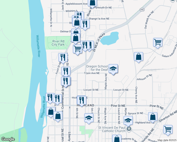 map of restaurants, bars, coffee shops, grocery stores, and more near 2710 Broadway Street in Salem