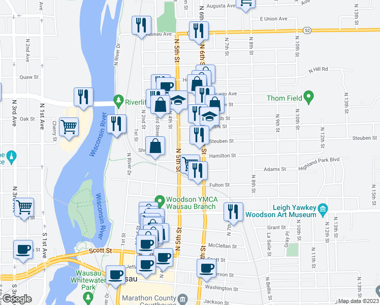 map of restaurants, bars, coffee shops, grocery stores, and more near 516 Hamilton Street in Wausau