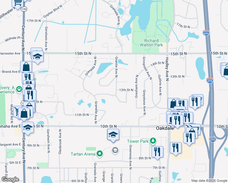map of restaurants, bars, coffee shops, grocery stores, and more near 1213 Granite Avenue North in Oakdale