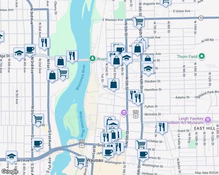map of restaurants, bars, coffee shops, grocery stores, and more near 1301 North 2nd Street in Wausau