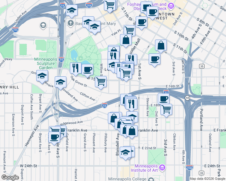 map of restaurants, bars, coffee shops, grocery stores, and more near 116 Oak Grove Street in Minneapolis
