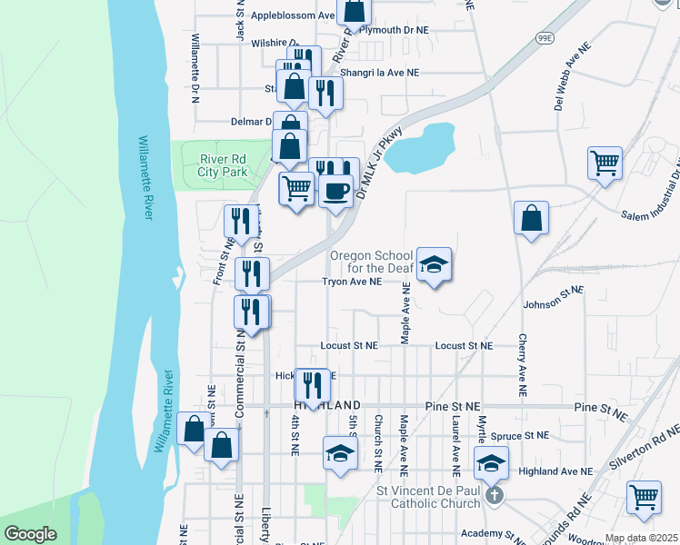 map of restaurants, bars, coffee shops, grocery stores, and more near 2710 Broadway Street in Salem