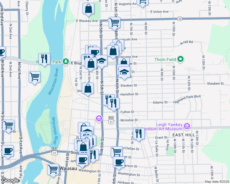 map of restaurants, bars, coffee shops, grocery stores, and more near 1220 North 6th Street in Wausau