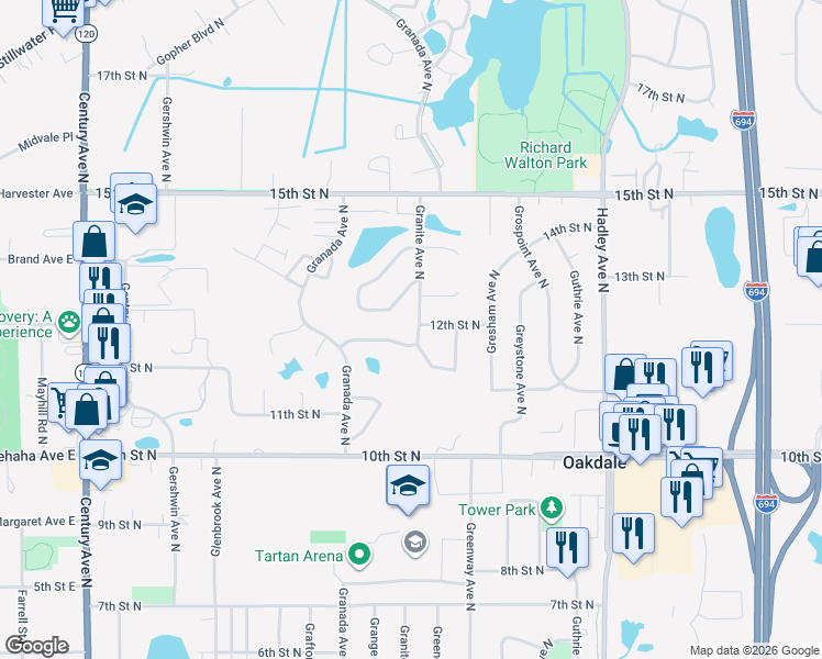 map of restaurants, bars, coffee shops, grocery stores, and more near 1213 Granite Avenue North in Oakdale