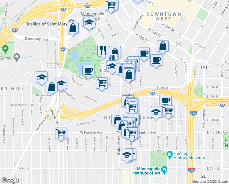 map of restaurants, bars, coffee shops, grocery stores, and more near 1519 Spruce Place in Minneapolis