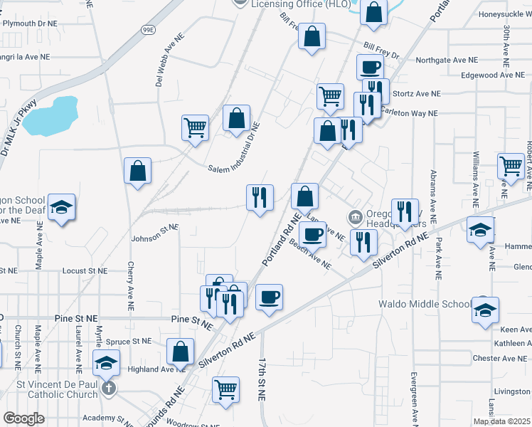 map of restaurants, bars, coffee shops, grocery stores, and more near 3055 Portland Road Northeast in Salem
