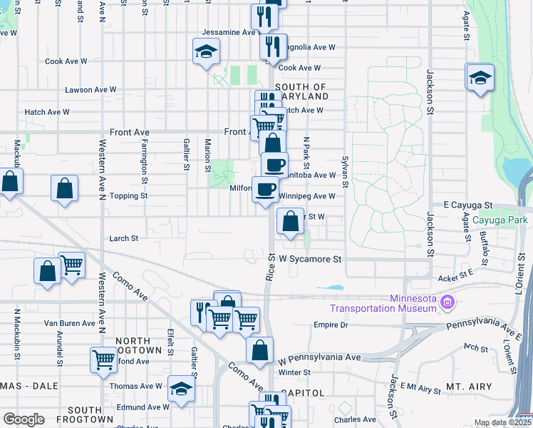 map of restaurants, bars, coffee shops, grocery stores, and more near 852 Albemarle Street in Saint Paul