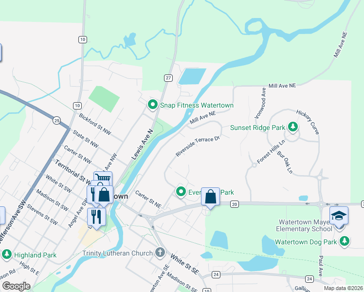map of restaurants, bars, coffee shops, grocery stores, and more near 508 Mill Avenue Northeast in Watertown