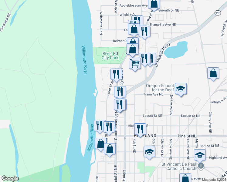 map of restaurants, bars, coffee shops, grocery stores, and more near 2700-2744 Front Street Northeast in Salem