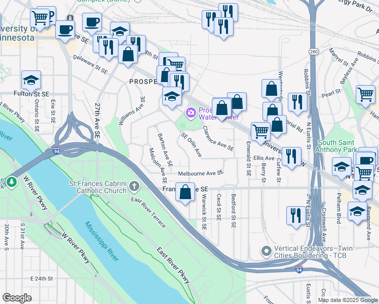 map of restaurants, bars, coffee shops, grocery stores, and more near 79 Seymour Avenue Southeast in Minneapolis