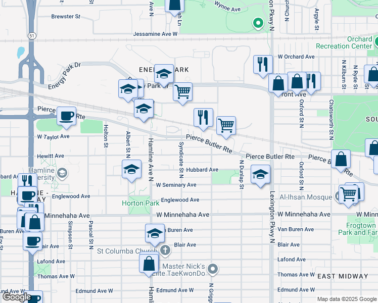 map of restaurants, bars, coffee shops, grocery stores, and more near 1251 Hewitt Avenue in Saint Paul