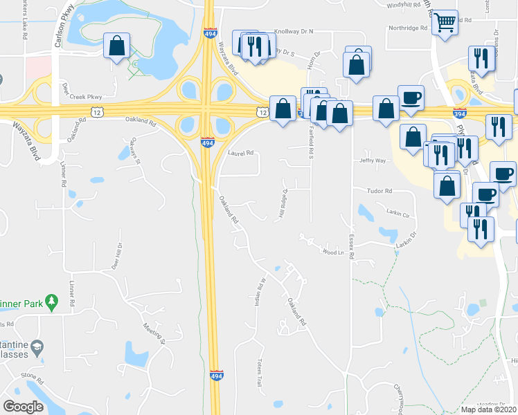 map of restaurants, bars, coffee shops, grocery stores, and more near 1717 Oakland Road in Hopkins