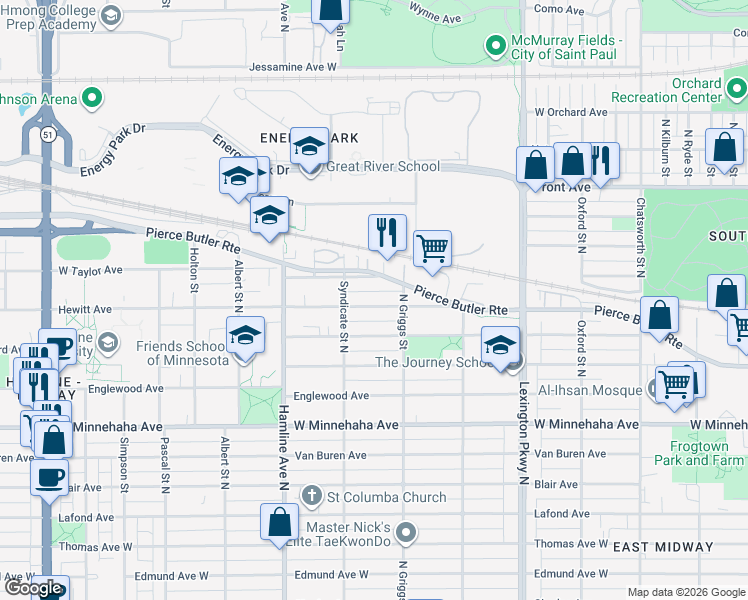map of restaurants, bars, coffee shops, grocery stores, and more near 1251 Hewitt Avenue in Saint Paul