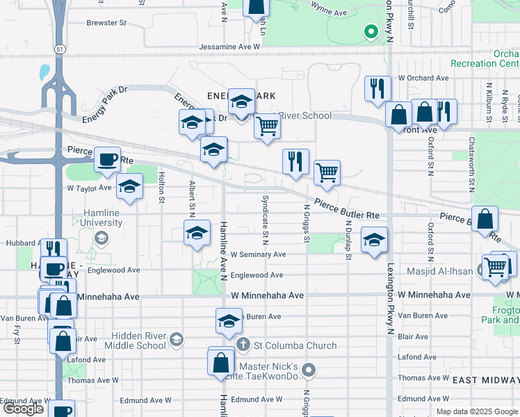map of restaurants, bars, coffee shops, grocery stores, and more near 1287 Hewitt Avenue in Saint Paul
