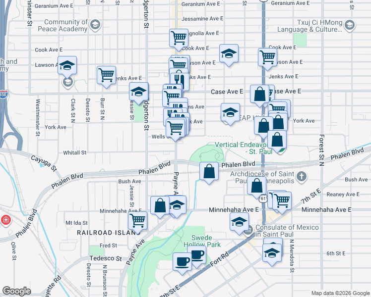 map of restaurants, bars, coffee shops, grocery stores, and more near 650 Aguirre Street in Saint Paul