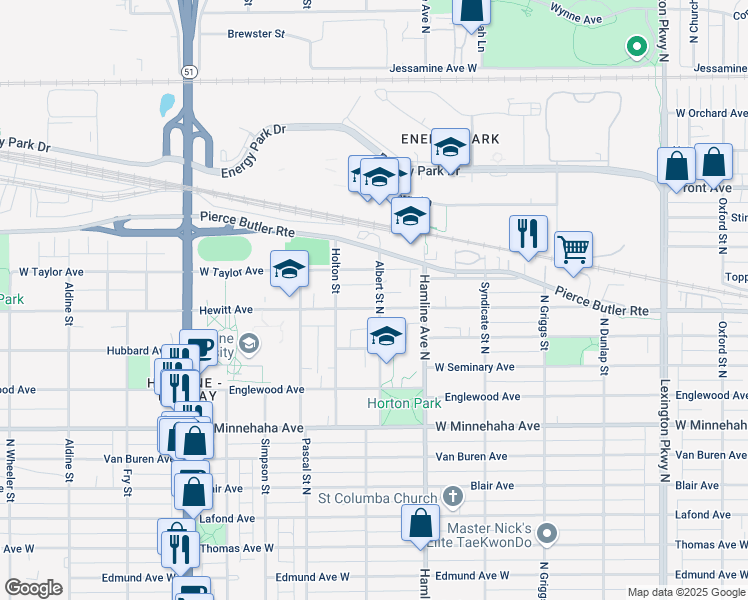 map of restaurants, bars, coffee shops, grocery stores, and more near 845 Albert Street North in Saint Paul