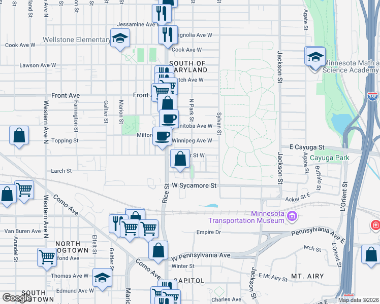 map of restaurants, bars, coffee shops, grocery stores, and more near 89 Atwater Street West in Saint Paul