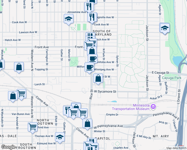 map of restaurants, bars, coffee shops, grocery stores, and more near 117 Atwater Street West in Saint Paul