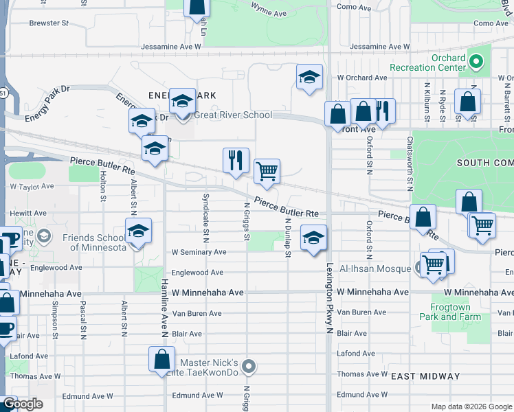 map of restaurants, bars, coffee shops, grocery stores, and more near 1207 Hewitt Avenue in Saint Paul