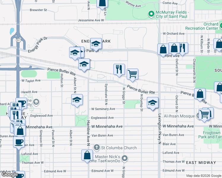 map of restaurants, bars, coffee shops, grocery stores, and more near 1251 Hewitt Avenue in Saint Paul