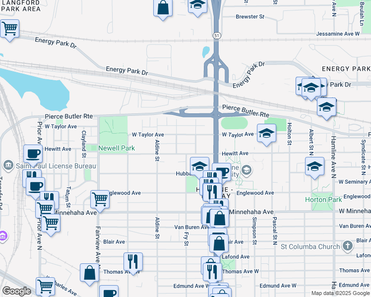 map of restaurants, bars, coffee shops, grocery stores, and more near 859 Fry Street in Saint Paul