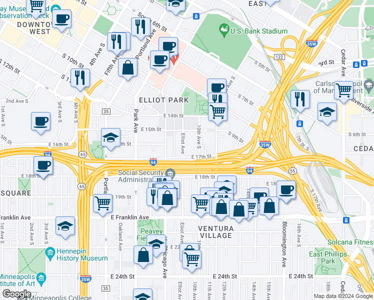 map of restaurants, bars, coffee shops, grocery stores, and more near 1605 Elliot Avenue South in Minneapolis