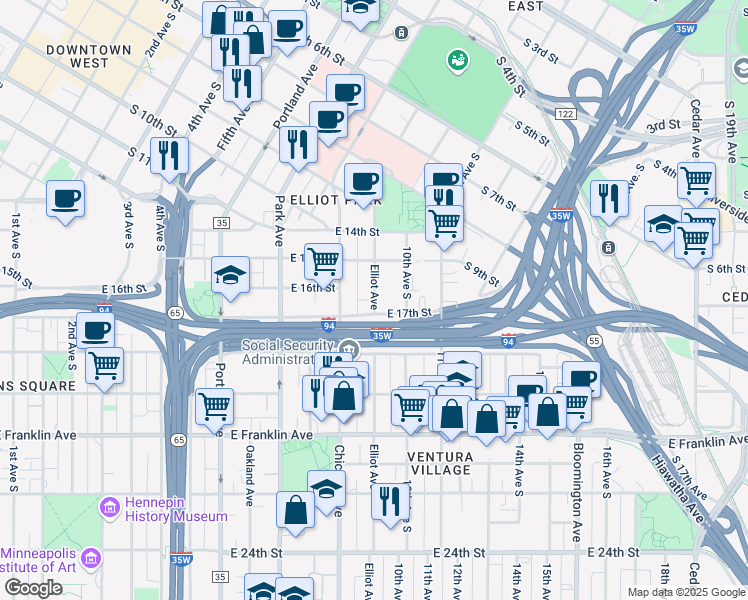 map of restaurants, bars, coffee shops, grocery stores, and more near 1605 Elliot Avenue South in Minneapolis