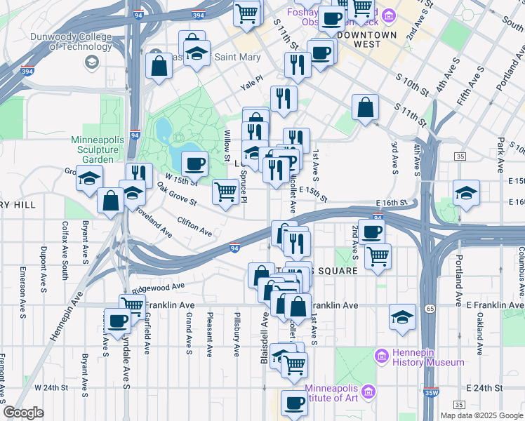 map of restaurants, bars, coffee shops, grocery stores, and more near 1517 Lasalle Avenue in Minneapolis
