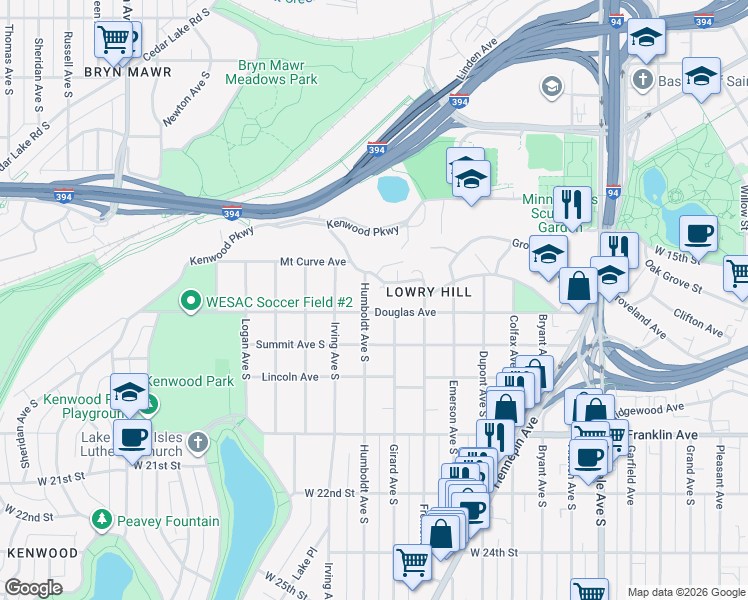 map of restaurants, bars, coffee shops, grocery stores, and more near 1716 Humboldt Avenue South in Minneapolis